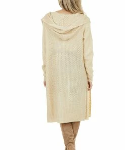 Cozy Casual Light Beige Textured Loose Knit Duster Cardigan With Hood Tops