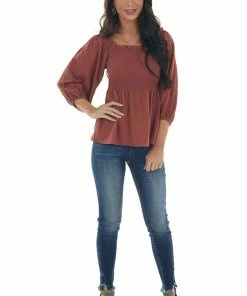 Hailey & Co Marsala Textured Smocked Bodice 3/4 Sleeve Top 29 Hailey & Co Marsala Textured Smocked Bodice 3/4 Sleeve Top