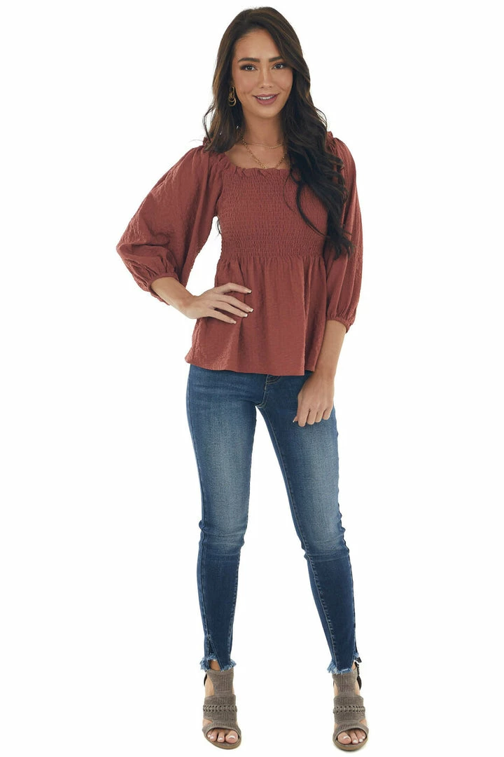 Hailey & Co Marsala Textured Smocked Bodice 3/4 Sleeve Top 14 Hailey & Co Marsala Textured Smocked Bodice 3/4 Sleeve Top