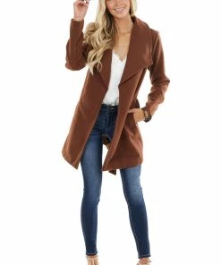 Be Cool Outerwear Chocolate Open Front Fleece Coat With Pockets And Front Tie