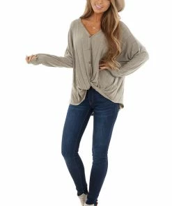 Chrysanthemum Tops Taupe Button Up Long Sleeve Knit Top With Front Knot Detail