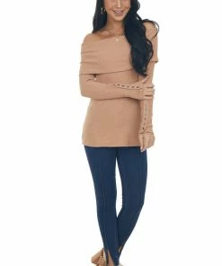 Doe & Rae Tops Dark Apricot Ribbed Knit Folded Off The Shoulder Top