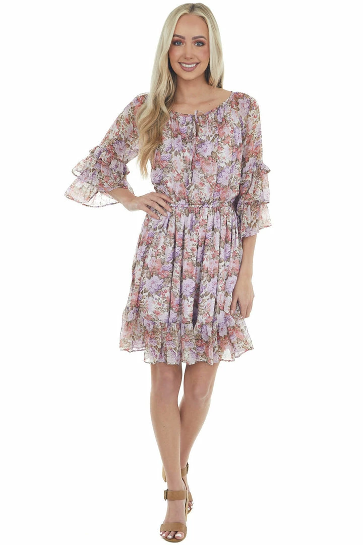 Easel Iris Floral Print Tiered Ruffle Sleeve Dress Dresses 8 Easel Iris Floral Print Tiered Ruffle Sleeve Dress Dresses