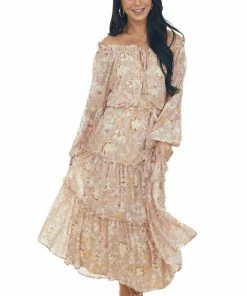 Flying Tomato Nude Floral Print Gold Speck Tiered Maxi Dress