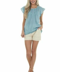 L Love Teal Short Ruffle Sleeves Woven Top With Lace Yoke 24 L Love Teal Short Ruffle Sleeves Woven Top With Lace Yoke