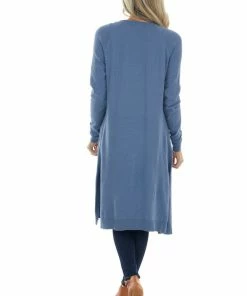 Style Melody Dusty Blue Longline Open Front Knit Cardigan Tops