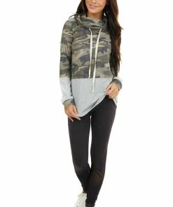 Hailey & Co Tops Olive Camo Colorblock Long Sleeve Top With Cowl Neckline
