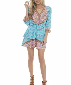 Umgee Dresses Aqua Floral Print Mini Dress With Overlay Detail