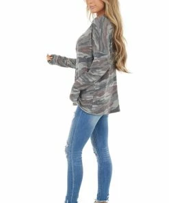 143 Story Stone Grey Camo Henley Waffle Knit Top With Long Sleeves