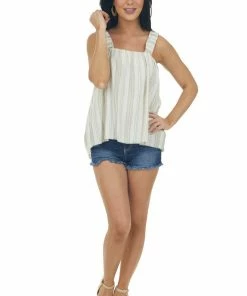 Umgee Camel Striped Tank Top With Ruffle Straps Tops