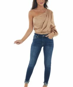 Do + Be Nude One Shoulder Satin Crop Blouse With Lace Tops