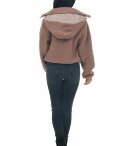 Style Melody Rose Taupe Mock Neck Hooded Cozy Teddy Jacket