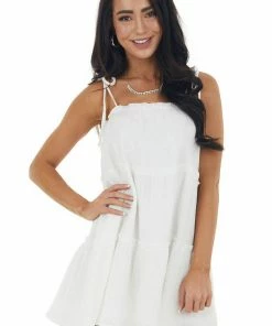 HYFVE Ivory Textured Sleeveless Tiered Mini Dress With Ruffles Dresses