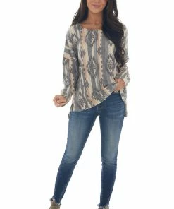 Lovely Melody Tops Stone Grey Aztec Print Long Sleeve Tunic Top 24 Lovely Melody Tops Stone Grey Aztec Print Long Sleeve Tunic Top