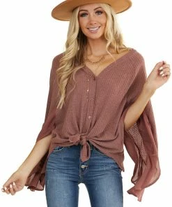 Listicle Mauve Waffle Knit Button Up Top With Trumpet Sleeves Tops