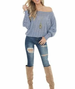 Peach Love Tops Slate Blue Loose Knit Off Shoulder Top With Dolman Sleeves