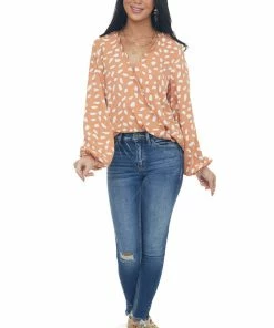 Umgee Tops Sandstone Printed Scalloped Surplice Blouse