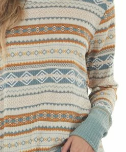 BiBi Steel Blue And Tawny Aztec Long Sleeve Top