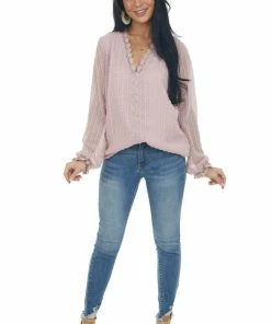 Miss Sparkling Dusty Rose Swiss Dot Blouse With Lace Details Tops