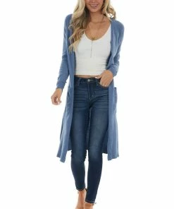 Style Melody Dusty Blue Longline Open Front Knit Cardigan Tops