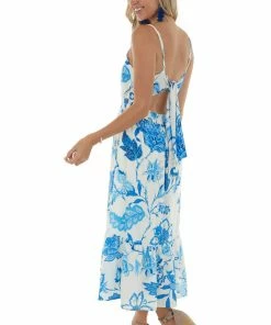 Flying Tomato Royal Blue And Ivory Floral Print Midi Dress