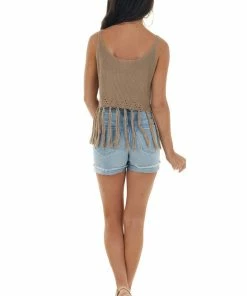 143 Story Taupe Sweater Knit Cropped Fringe Tank Top