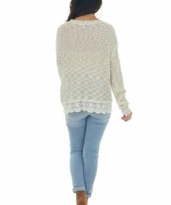 Davi & Dani Vanilla Stretchy Knit Sweater With Lace Detail Tops