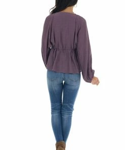 &merci Tops Deep Lilac V Neck Flowy Blouse With Tie Detail