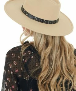 Fame Accessories Sand Felt Wide Brim Hat With Studded Band