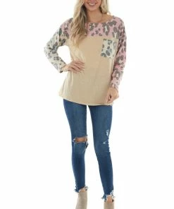 BiBi Heathered Taupe Leopard Top With Chest Pocket