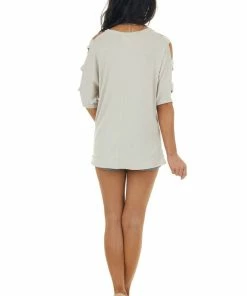Lovely J Oatmeal Knit Top With Ladder Cut Out Half Length Sleeves