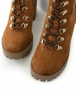 Let's See Style Caramel Faux Suede Lace Up Heeled Lug Booties