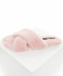 MACHI FOOTWEAR Dusty Pink Fuzzy Open Toed Slippers With Criss Cross Tops