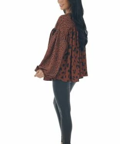 Hailey & Co Tops Cinnamon Leopard Print Babydoll V Neck Blouse