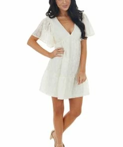 Flying Tomato Cream Lace Mini Babydoll Dress With Open Back