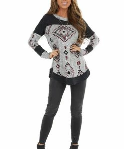 RAE MODE Black Two Tone Aztec Print Knit Top With Raw Edge Details