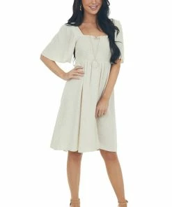 Umgee Oatmeal Smocked Flutter Sleeve Linen Dress
