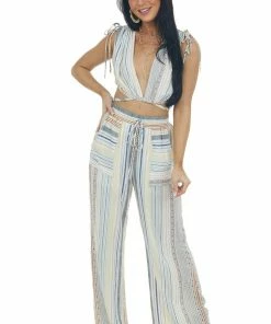 Illa Illa Tops Ivory Striped Woven Crop Top And Pants Set