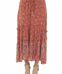 Nostalgia Burnt Orange Floral Smocked Waist Midi Skirt 15 Nostalgia Burnt Orange Floral Smocked Waist Midi Skirt