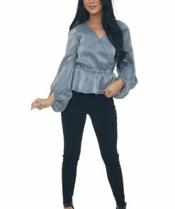 Peach Love Steel Metallic Drop Waist Surplice Peplum Top 31 Peach Love Steel Metallic Drop Waist Surplice Peplum Top