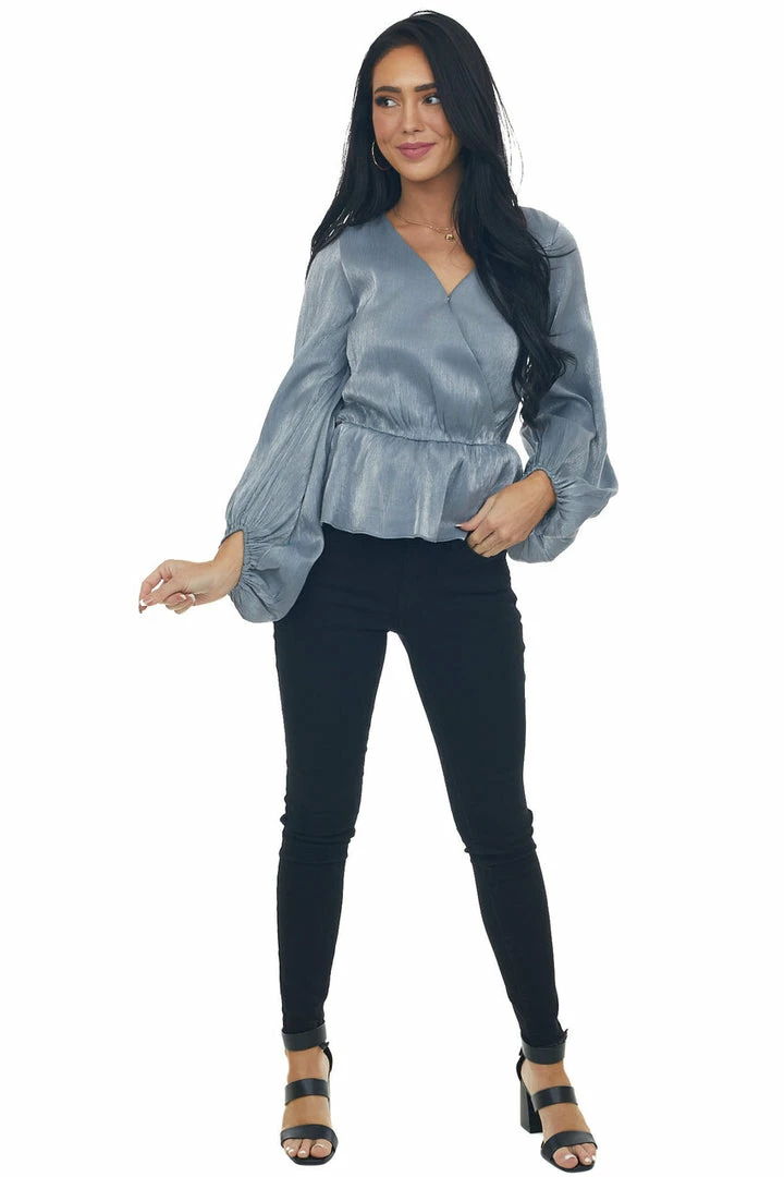 Peach Love Steel Metallic Drop Waist Surplice Peplum Top 14 Peach Love Steel Metallic Drop Waist Surplice Peplum Top