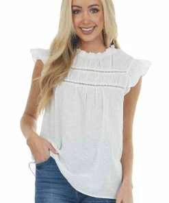 Ces Femme Off White Cap Sleeve Blouse With Lace Yoke