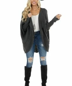 Lime Lush Charcoal Open Front Cardigan With Long Dolman Sleeves