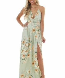 Sweet Lemon Dresses Sage Floral Print Plunging V Neck Maxi Dress With Open Back 23 Sweet Lemon Dresses Sage Floral Print Plunging V Neck Maxi Dress With Open Back