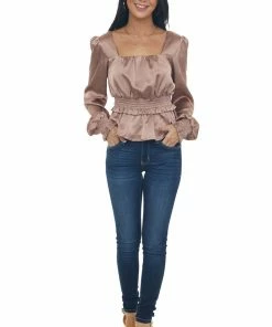 Peach Love Rose Taupe Silky Smocked Peplum Blouse Tops