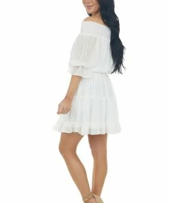 Bluivy Ivory Off The Shoulder Swiss Dot Short Dress