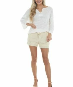 Jodifl Ivory Waffle Knit Notch Neck Top With Loose Long Sleeves Tops