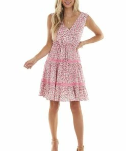 BiBi Carnation Floral And Lace Surplice Woven Dress Dresses
