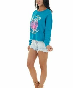 Trend Notes Rich Teal Long Sleeve Sweatshirt With Tiger Graphic Tops