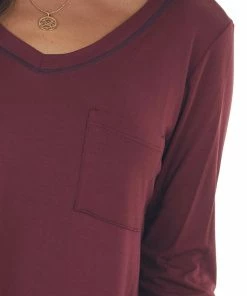 143 Story Wine Exposed Stitch Chest Pocket Knit Top Tops